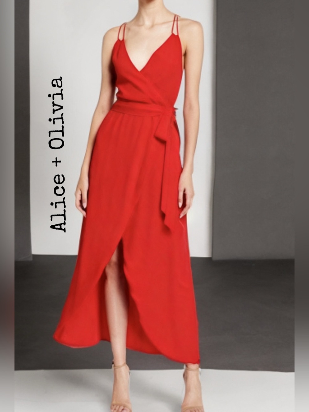 ALICE + OLIVIA
 Susana Multi-Strap Faux-Wrap High-Low Maxi Dress in red.